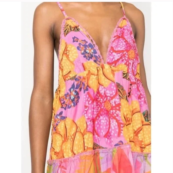 NWT Farm Rio Floral Tiered Midi Dress Pink Orange Cotton Size S - Picture 5 of 7